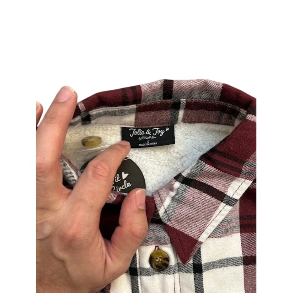 Jolie & Joy Women Plaid Sherpa Lined Flannel Shirt Burgundy White JAP1338N Small - Picture 3 of 8